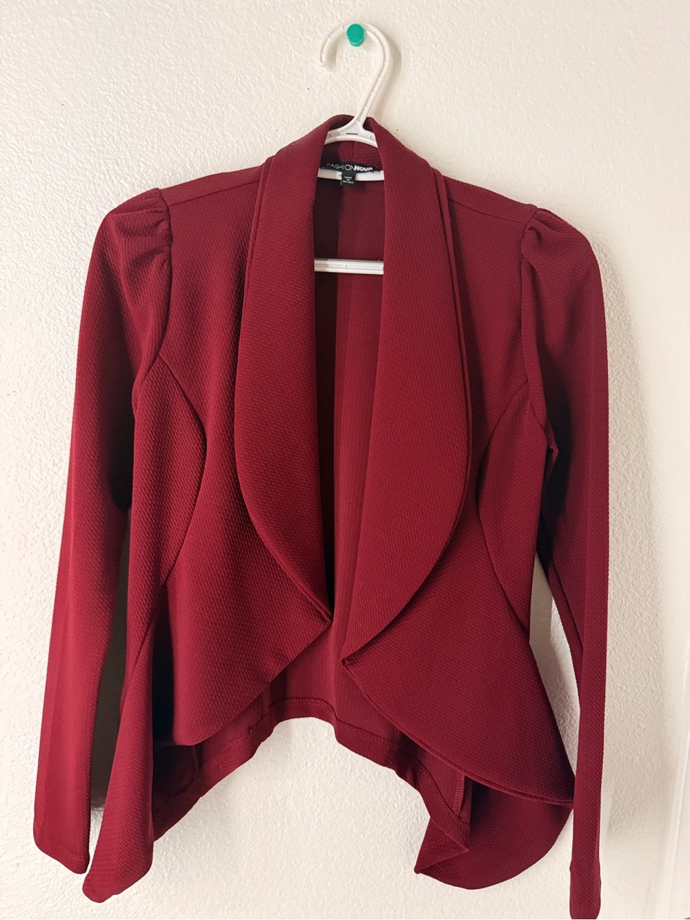 Fashion Nova Burgundy Draped Open-Front Blazer